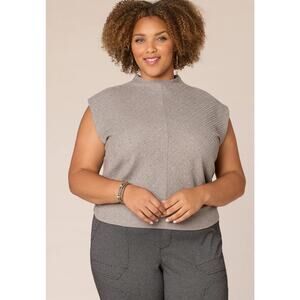 Democracy Womens Plus Cap Sleeve Funnel Neck Banded Knit Top Heather Putty Gray